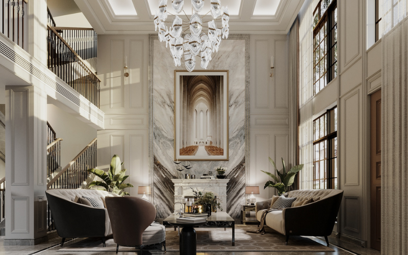 Phòng khách ốp đá marble sang trọng, đèn chùm pha lê và chi tiết phào chỉ tinh xảo tạo cảm giác đẳng cấp