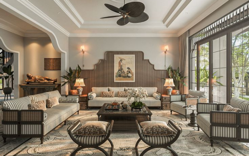 Phong cách Indochine dùng nội thất gỗ tinh xảo mang đậm nét tân cổ điển Pháp và truyền thống Á Đông