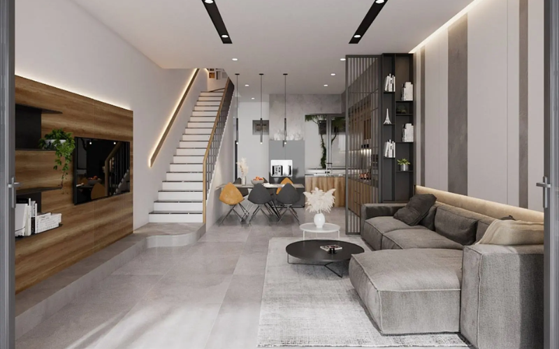 Phòng khách nhà ống rộng 4m, sofa chữ L và đèn trần tăng độ sang trọng và hiện đại