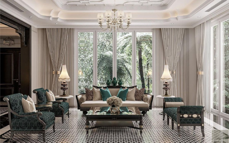 Hệ thống ánh sáng nhiều tầng tạo điểm nhấn, kết hợp đèn chùm cổ điển và ánh sáng hắt tường tinh tế