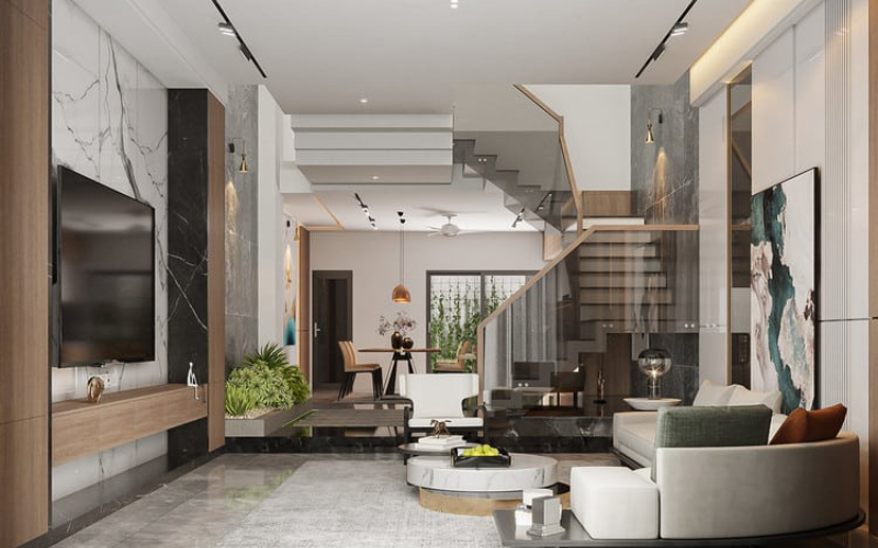 Nội thất kích thước vừa phải, bàn trà, sofa và tivi bố trí gọn gàng tạo sự cân đối