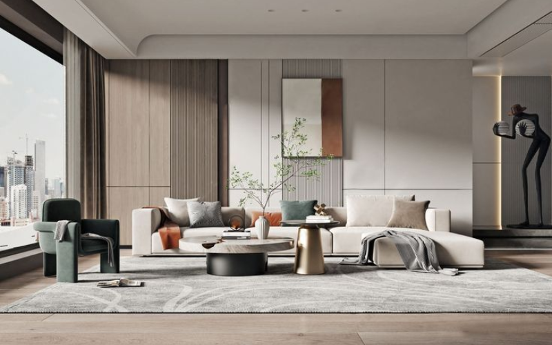 Các vật phẩm trang trí như tượng nghệ thuật, bình hoa và bàn phụ kim loại giúp không gian thêm sinh động
