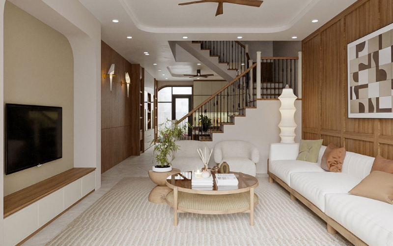 Thiết kế Minimalism với sofa trắng, bàn tròn gỗ sáng, tường ốp gỗ tự nhiên tạo cảm giác thư giãn