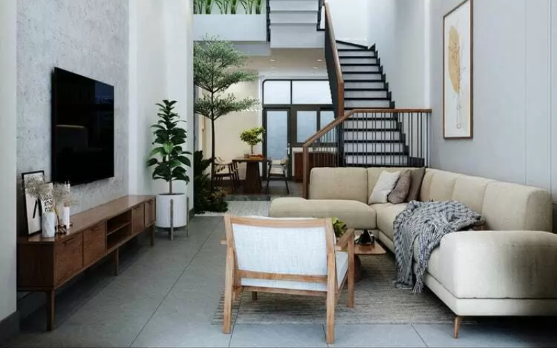 Sự kết hợp màu trung tính và ánh sáng tự nhiên giúp phòng khách trở nên đầy sức sống và hiện đại