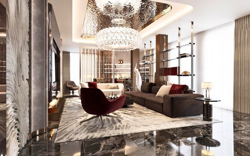 Bảng màu chủ đạo gồm vàng champagne, bạc, đen và các sắc đá quý