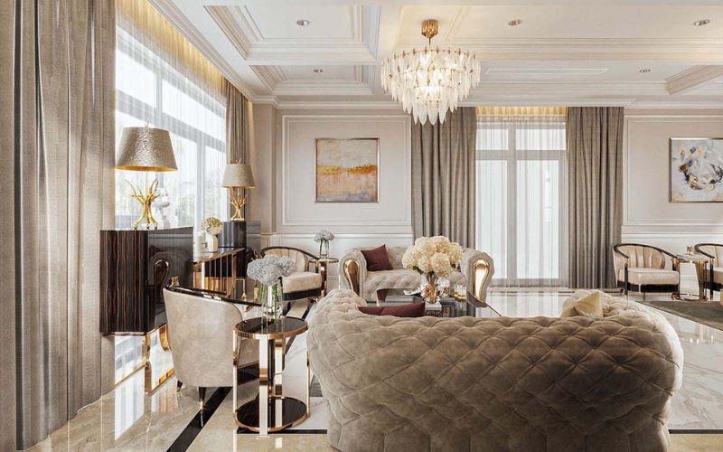 Bảng màu chủ đạo gồm trắng kem, ivory, vàng champagne kết hợp điểm nhấn tối