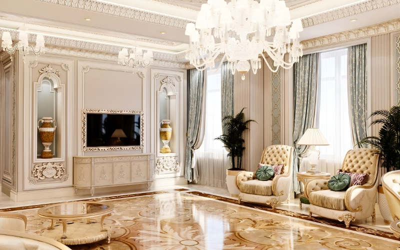 Đồ nội thất được chế tác từ gỗ tự nhiên, kim loại mạ và chất liệu cao cấp