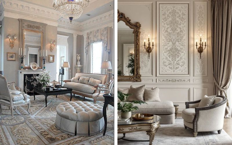 Thảm len hoặc thảm lụa tinh tế được trải bên dưới để định hình không gian
