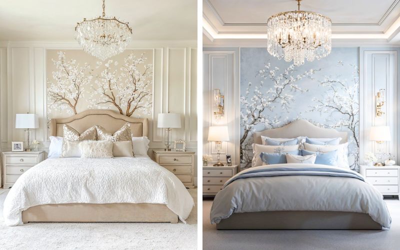 Tâm điểm của không gian là chiếc giường cao cấp, được chọn lựa kỹ lưỡng từ chất liệu đến thiết kế