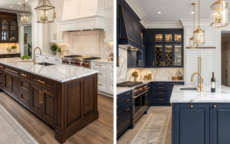 Tủ bếp thường sử dụng gỗ tự nhiên cao cấp hoặc acrylic bóng gương