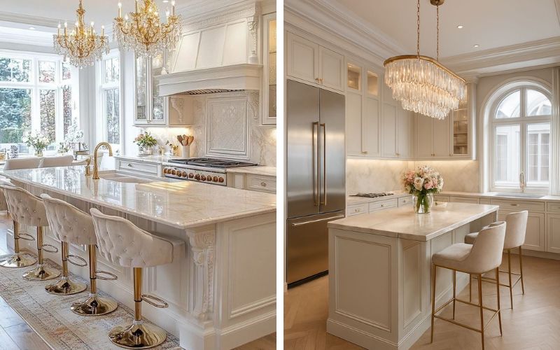 Mặt bàn bếp bằng đá granite hoặc đá thạch anh dày dặn mang đến cảm giác chắc chắn và sang trọng