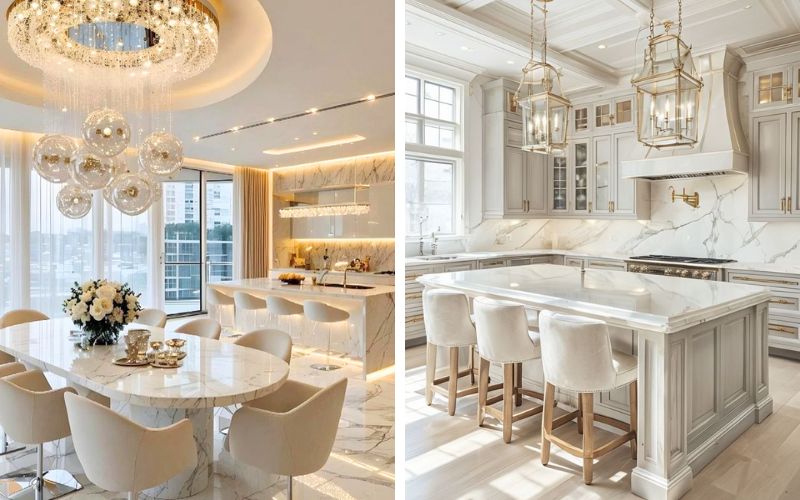 Ánh sáng được bố trí đèn LED âm trần cùng đèn thả nghệ thuật trên đảo bếp