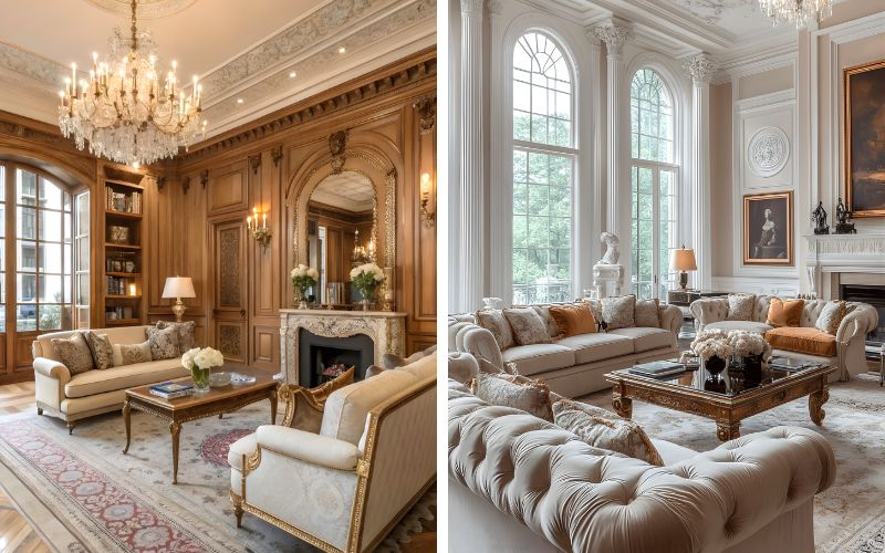 Bộ sofa lớn khung gỗ tự nhiên, bọc vải nhung hoặc da cao cấp kết hợp cùng bàn gỗ óc chó hoặc mặt đá cẩm thạch
