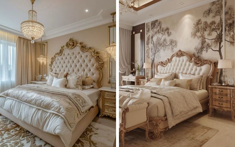  Giường lớn với đầu giường cao, được bọc vải cao cấp làm trung tâm