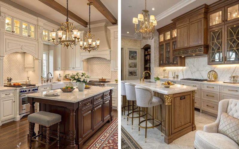 Tủ bếp làm từ gỗ tự nhiên như sồi hoặc anh đào, có cánh tủ sơn trắng kem hoặc giữ nguyên màu gỗ