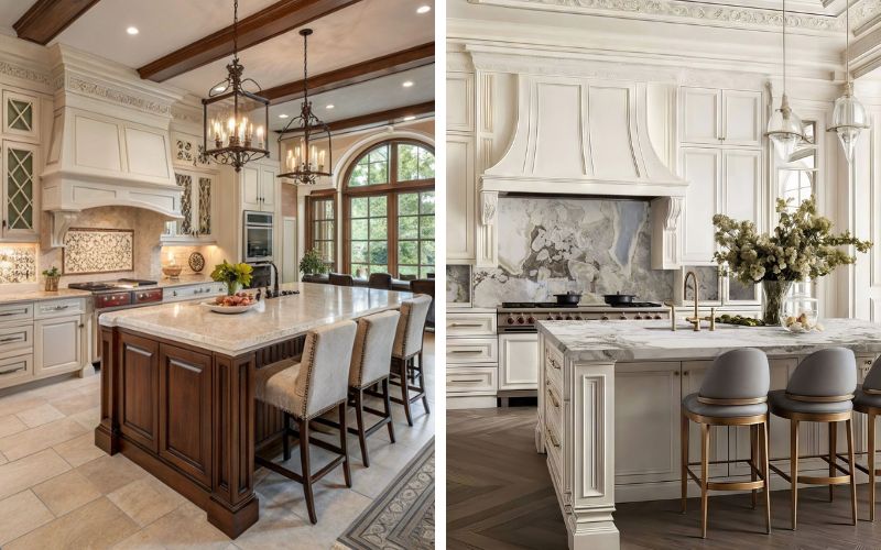  Tấm ốp tường sau bếp sử dụng gạch trắng hoặc mosaic họa tiết cổ điển