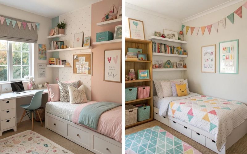 Phòng ngủ nhỏ cho bé gái được thiết kế với sự ngọt ngào và lãng mạn