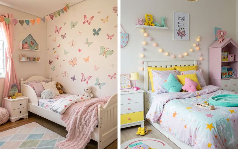 Tủ quần áo được thiết kế với tay nắm hình bướm hoặc hoa, cùng với gương nhỏ